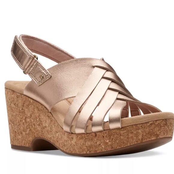 Clarks Giselle Ivy Wedge Sandals Rose Gold Metallic Cork Heel Comfort Size 7 - Picture 1 of 13